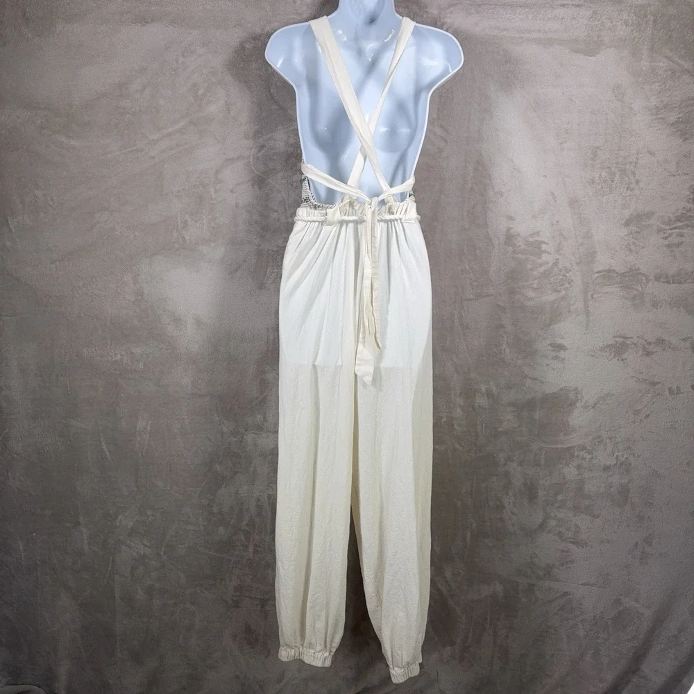 Free People Sienna Smocked Jumpsuit Womens XS White Halter Linen Blend
